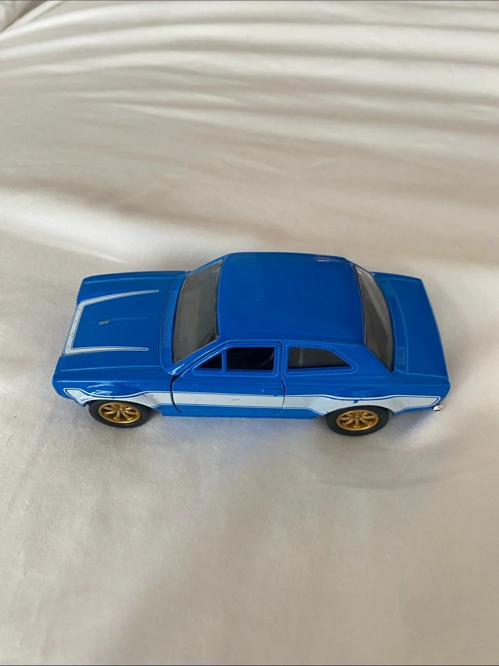 Vintage Blue & White Kids Toy Car with Gold Wheels